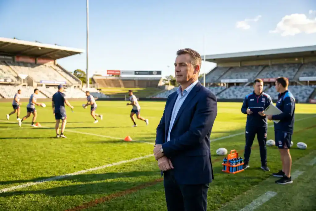 A businessman watches a rugby league training session from the edge of the field while players practise in the background. The image reflects the leadership and sporting involvement often associated with Mark Bouris.