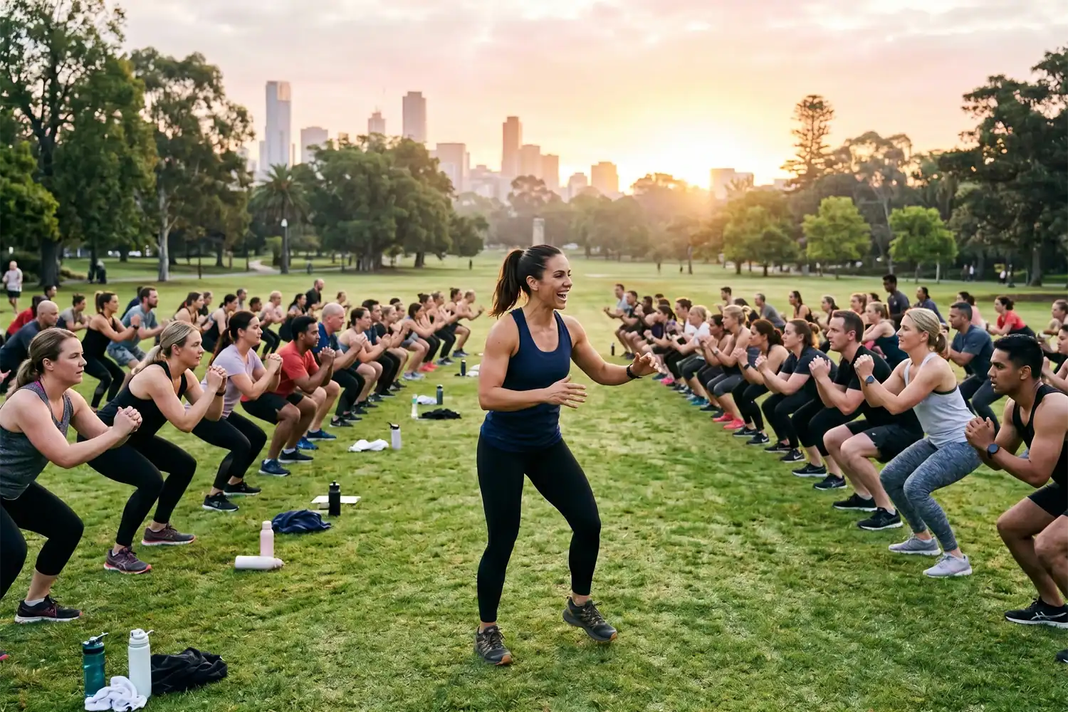 A woman leads a large outdoor fitness bootcamp in a city park at sunrise with participants exercising in unison. The scene reflects the early growth of a structured fitness programme. Michelle Bridges is referenced in the broader context of fitness entrepreneurship and training culture.