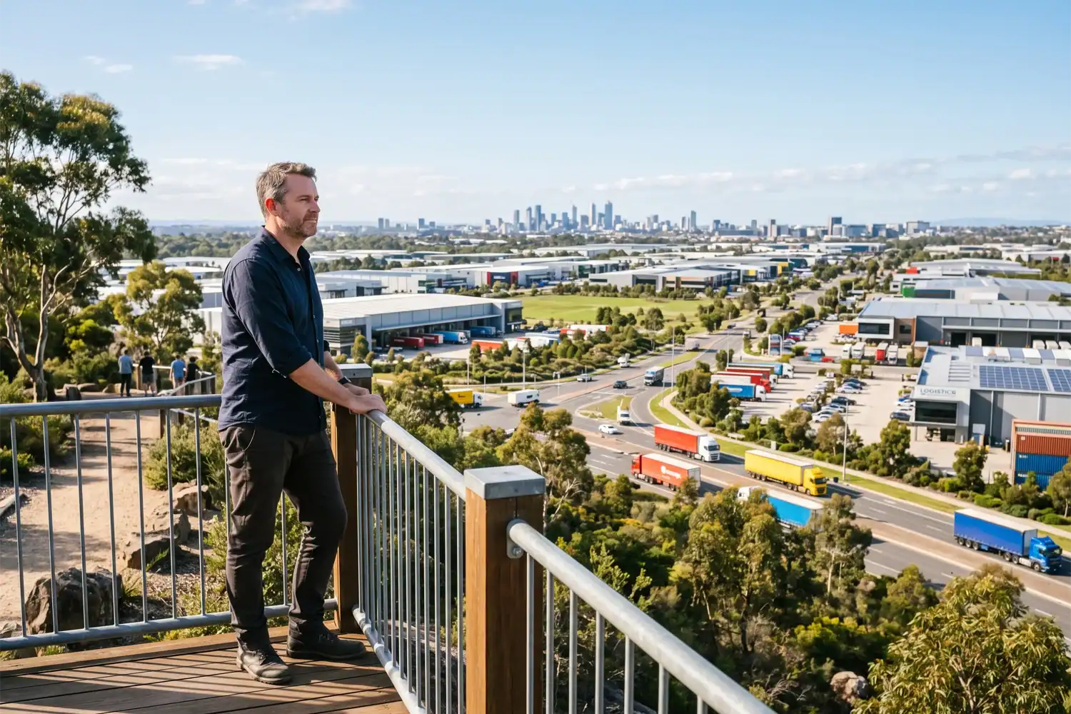 A man overlooks a modern commercial district with warehouses, roads, and delivery vehicles beneath clear sunshine. Ruslan Kogan is featured in this story about entrepreneurship and Australian retail.
