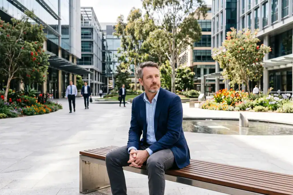 A businessman sits on a bench in a modern Australian public square with commercial buildings and colourful gardens around him. The bright city scene feels professional and welcoming.