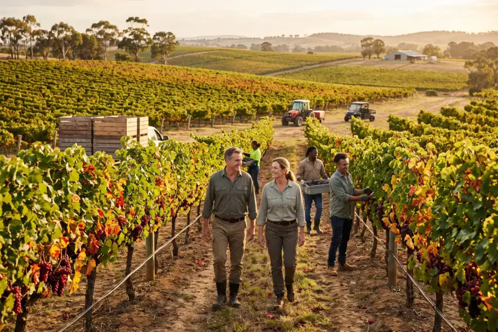 A man and a woman walk through a vineyard while workers harvest grapes in the background. The image represents federal budget australia workforce changes in a rural Australian business.