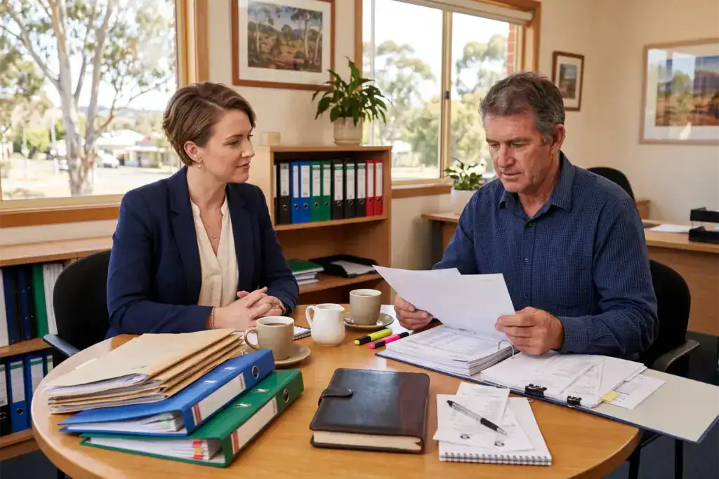 A woman accountant meets with a man to review printed financial documents in a bright advisory office. Their discussion focuses on careful planning for future business and tax decisions.