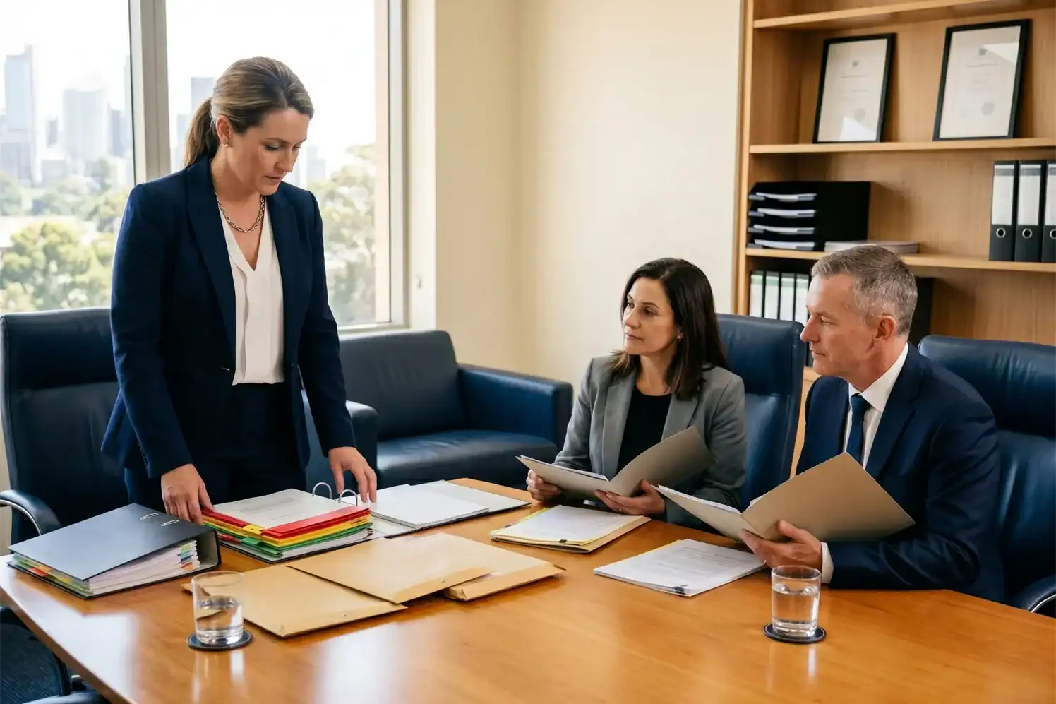 A woman business owner stands beside a conference table with two advisers and several organised folders. The bright boardroom feels formal, calm, and carefully prepared.