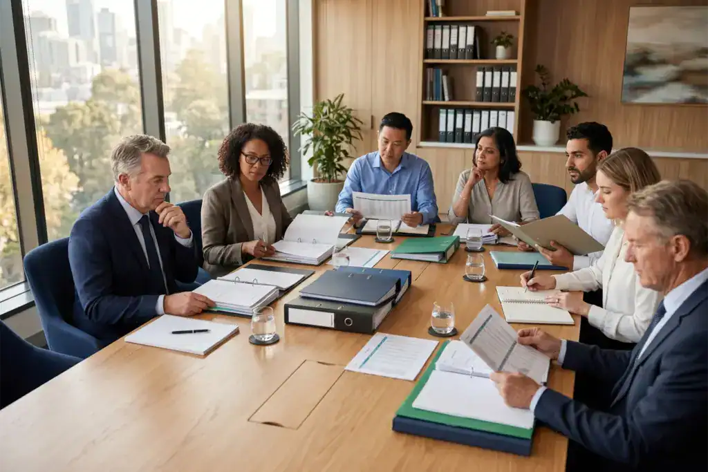 Several business stakeholders sit around a conference table covered with organised documents. The meeting focuses on voluntary liquidation and the interests of different parties involved.