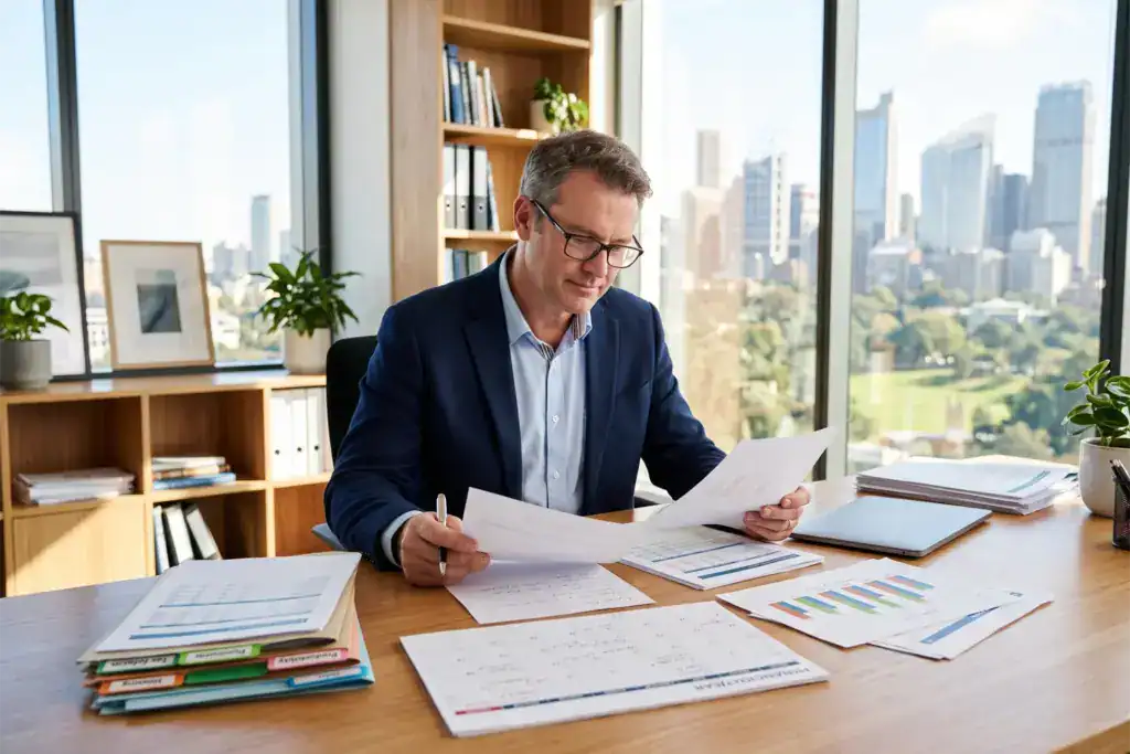 A man studies printed financial papers at a tidy office desk as he reviews major Australian tax reforms. The scene reflects budget winners and losers through careful financial planning and realistic workplace details.