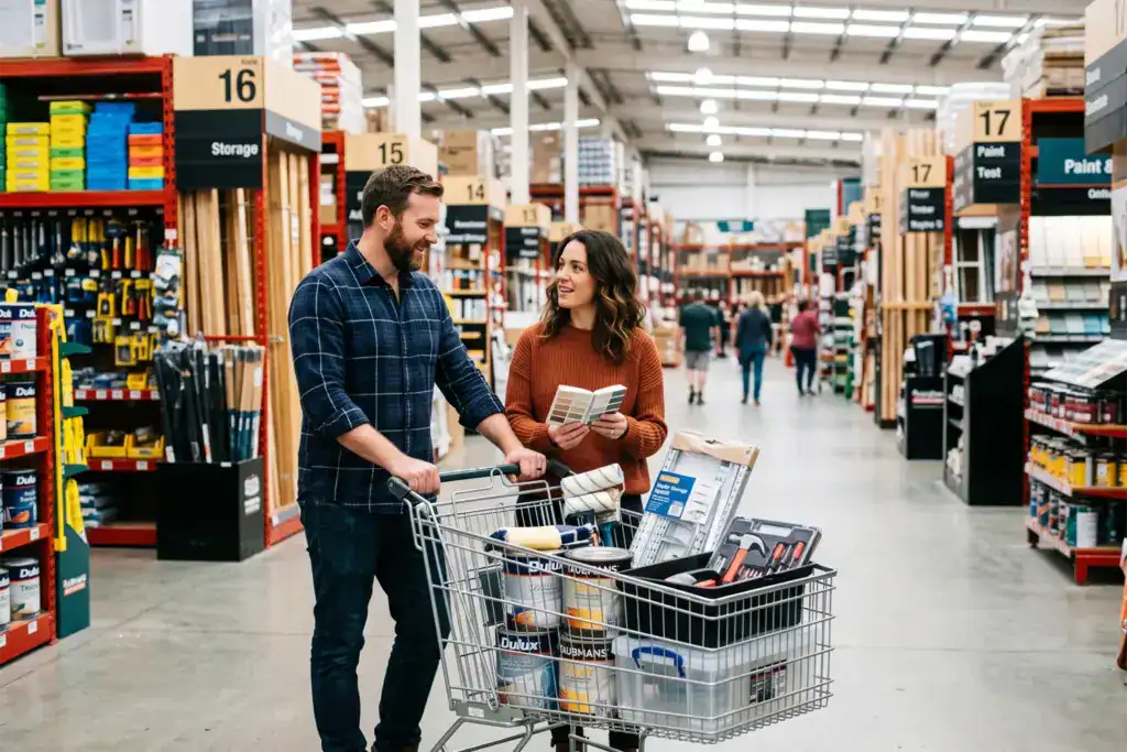 A man and a woman choose practical home improvement supplies in a large Australian store.
