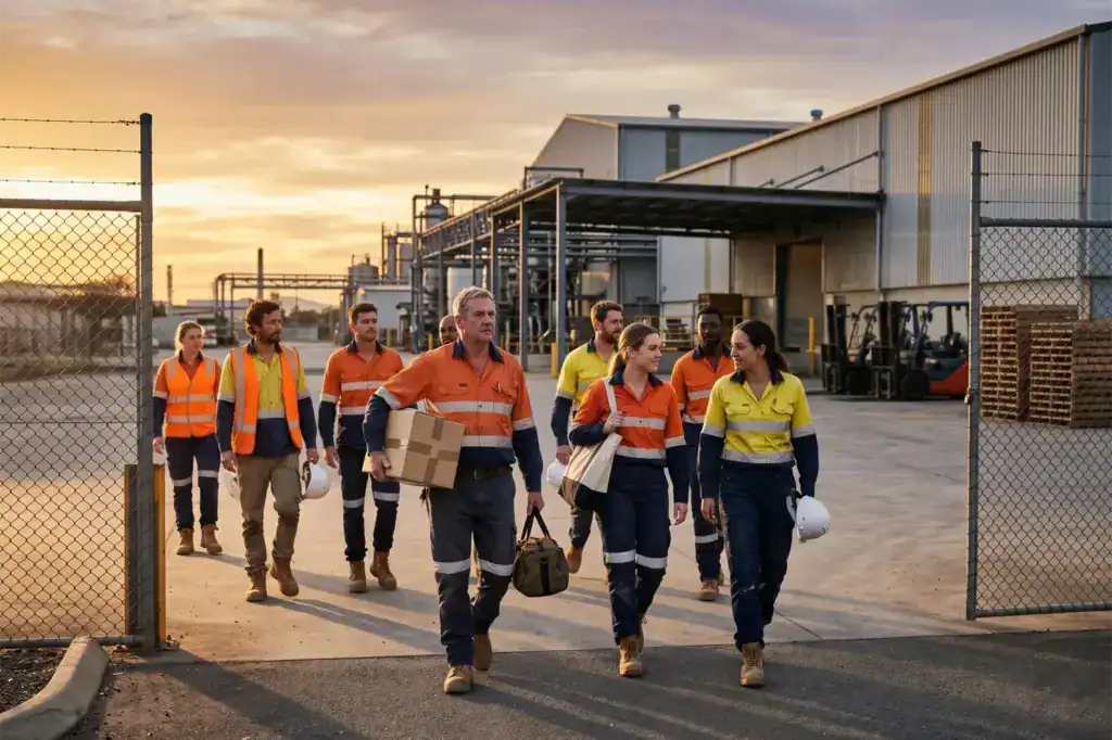 Factory workers leave an industrial site with personal belongings after their final shift. The image shows voluntary liquidation and its impact on employees at a manufacturing business.