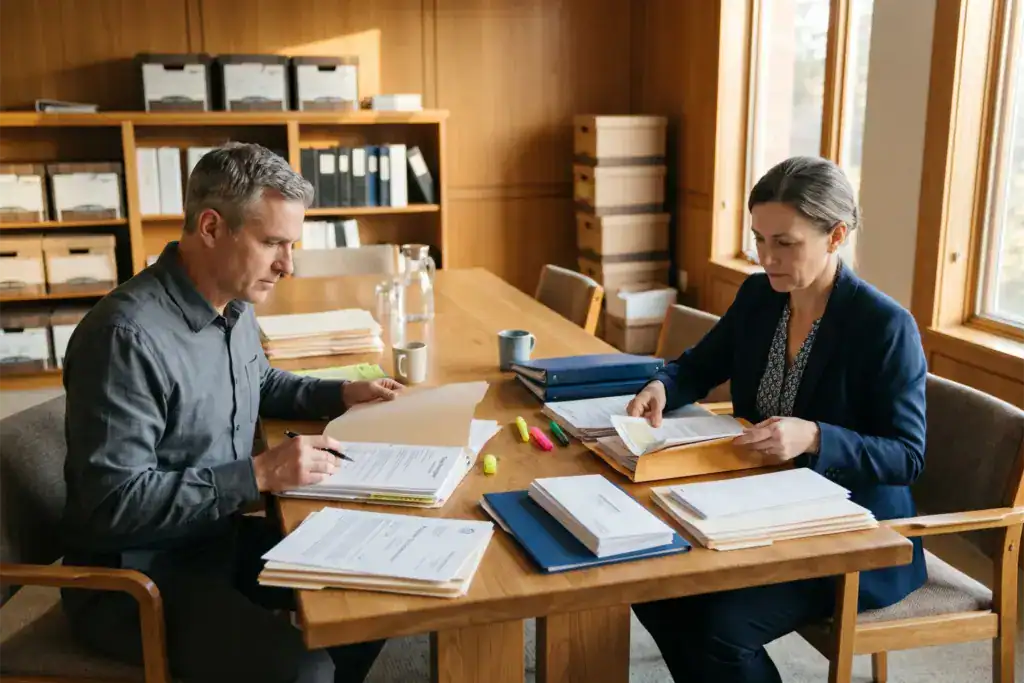 A man and a woman review company records and asset documents before voluntary deregistration. The meeting room contains organised folders, archive boxes, and warm afternoon light.