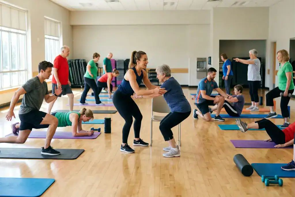 A woman fitness coach leads a mixed-ability fitness class where participants perform different exercise levels in a structured programme. The scene reflects inclusive training designed for all fitness abilities. Michelle Bridges is referenced in the context of large-scale fitness programmes and community transformation. 