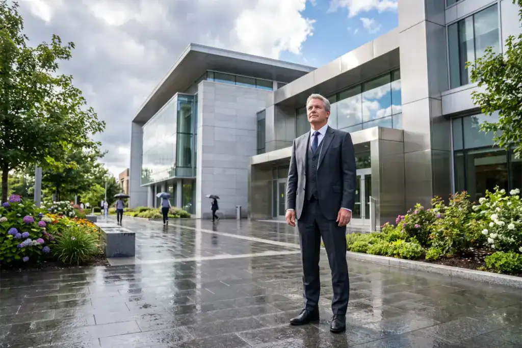 A man stands outside a modern courthouse after rain beneath brightening skies.