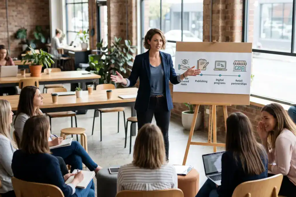A woman entrepreneur presents her business growth journey to a group of female entrepreneurs in a co-working space while attendees listen and take notes. The scene reflects scalable business growth strategies.