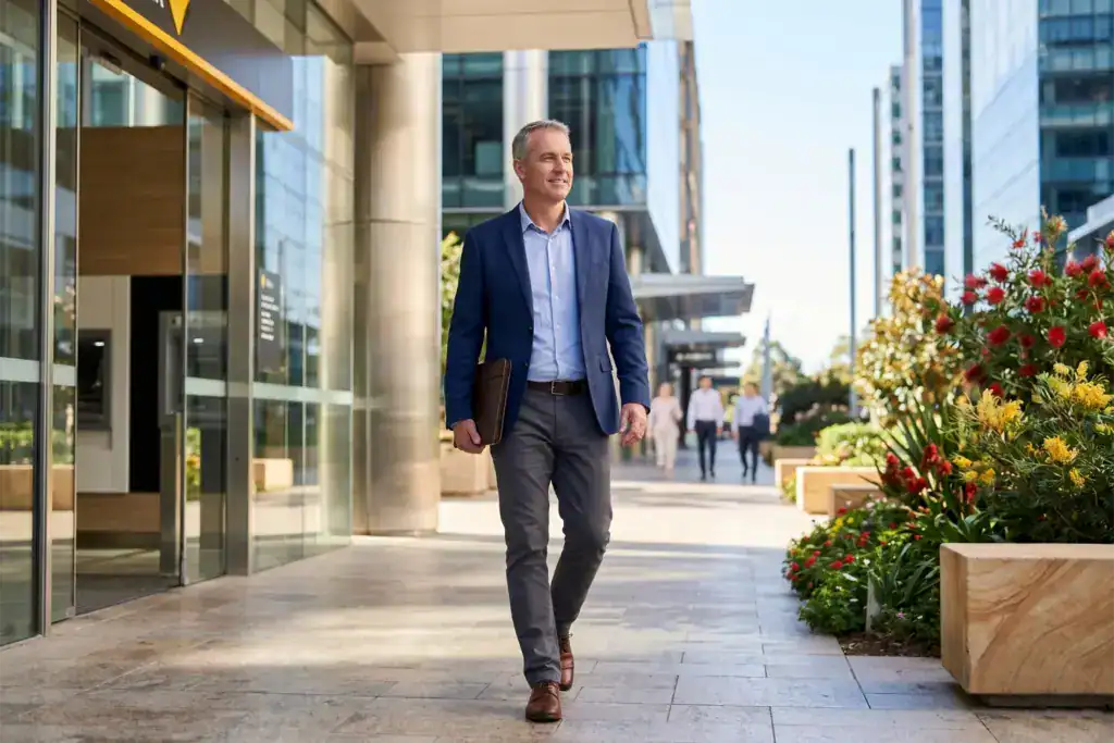 A man walks through a modern business district with a document folder after completing financial arrangements. Bright sunshine, landscaped gardens, and commercial buildings surround him.