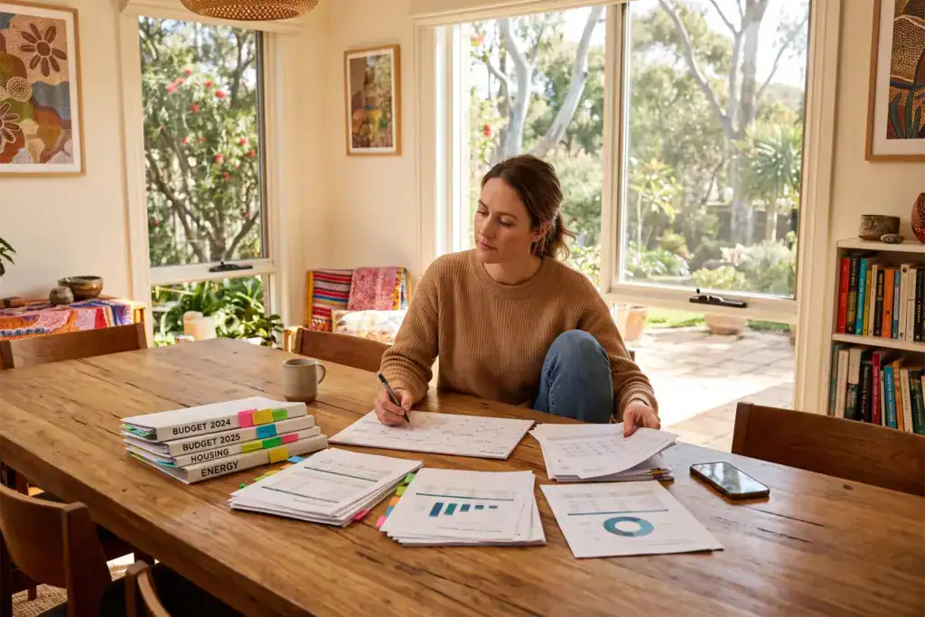 A woman reviews printed financial papers beside a paper calendar in a bright Australian home.