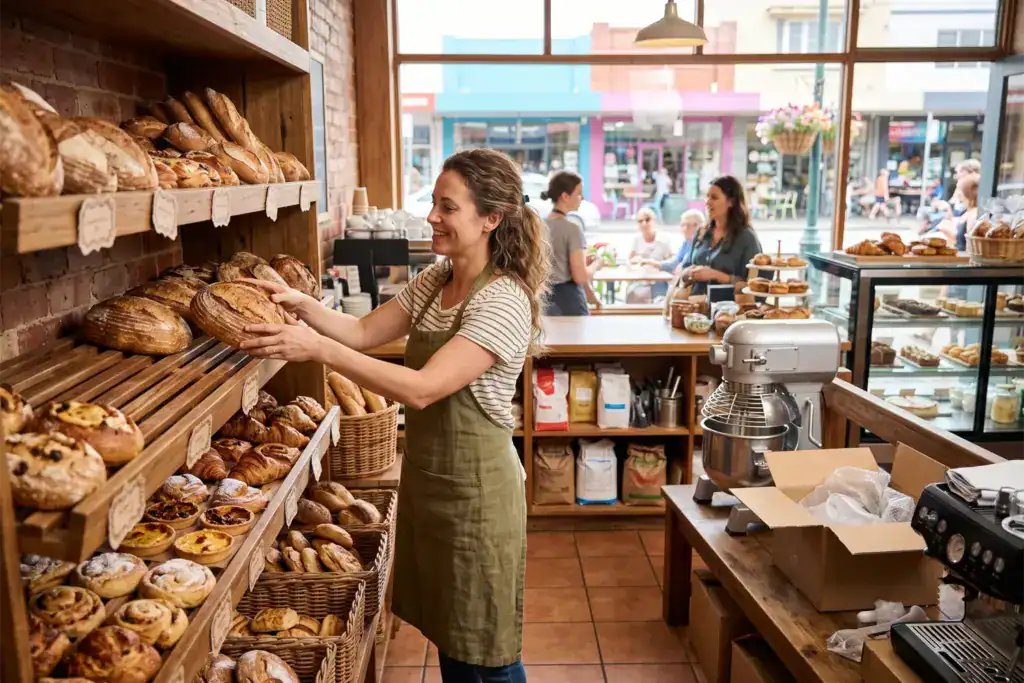 A woman prepares her local bakery for customers after investing in new equipment. The realistic shop setting reflects growing confidence for small business owners.