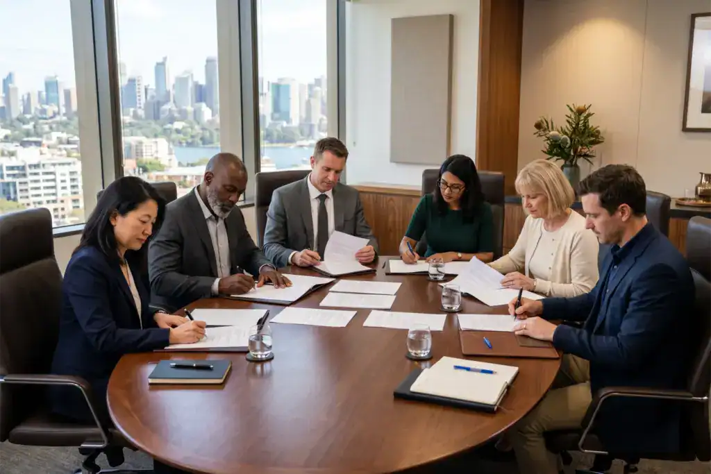 Men and women sit around a boardroom table with documents related to voluntary deregistration. Large windows, timber finishes, and natural daylight give the meeting a formal and professional appearance.