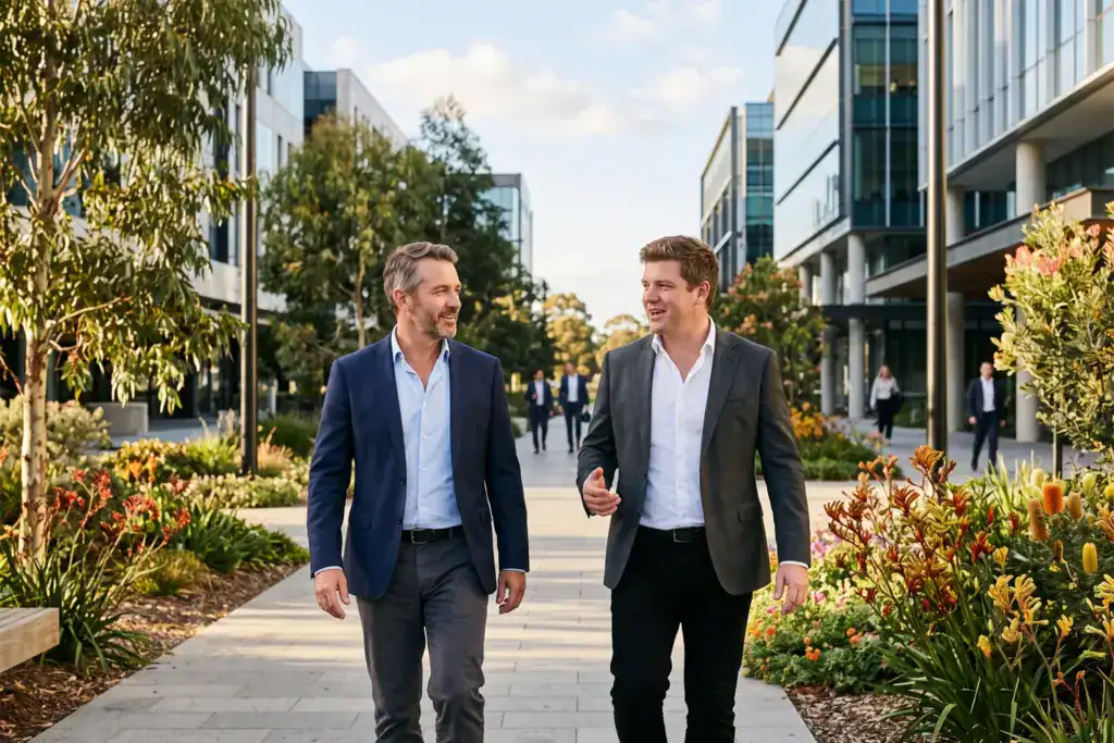 Two businessmen walk through a modern Australian commercial district with landscaped gardens and contemporary office buildings.