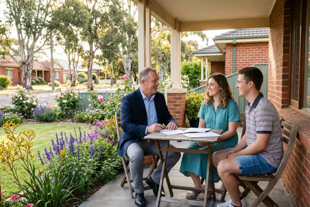 A businessman talks with a man and a woman outside a suburban home while paperwork rests on a small table. The image reflects the customer-first approach often discussed in stories about Mark Bouris and alternative home lending.