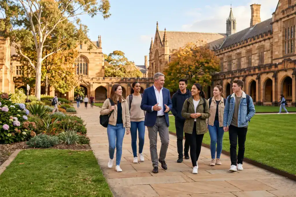 A business mentor walks across a university campus with several students as they talk together. The image represents mentorship and leadership themes that are often connected with Mark Bouris.