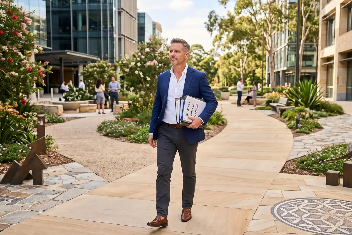 A man walks through a modern Australian business courtyard with several pathways ahead of him. He carries business documents and carefully considers the direction he wants to take.