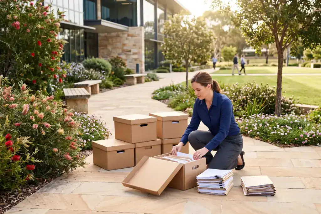 A woman sorts paper business records into carefully organised groups in a landscaped office courtyard. She checks each category before any business assets move to a new structure.