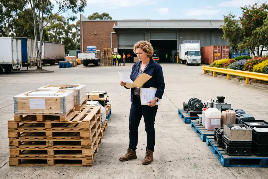 A woman reviews business assets in a warehouse yard before she decides how they should remain within the business structure.