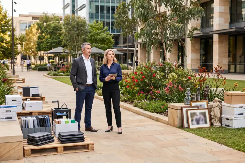 A man and a woman compare different groups of business assets in an open commercial courtyard.